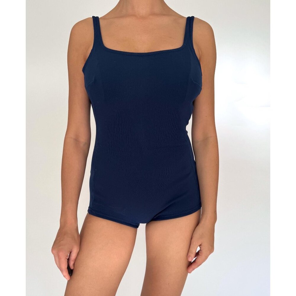 50s 60s vintage blue stretch nylon pinup one piece swimsuit bathing suit